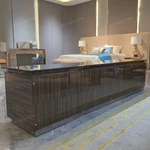 Sophisticated TV Stand with Dark Marble Top, Natural Wood Veneer Panels and Concealed Storage Drawers
